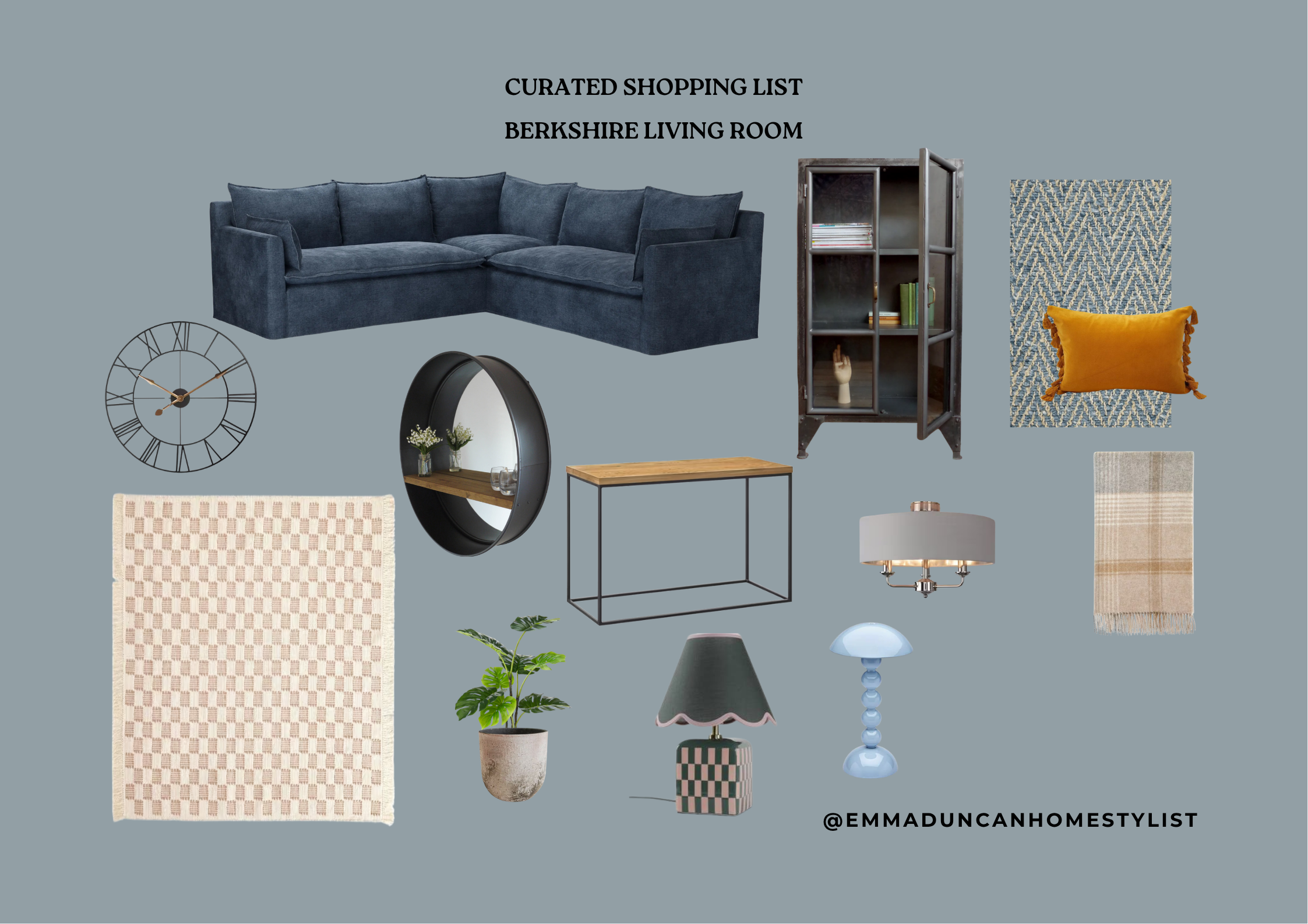 a mord board with blue background showing a sofa, lights, console table, plant, Clock and wall unit