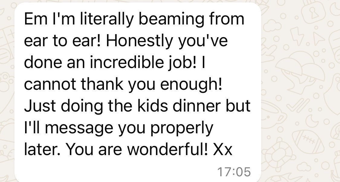Screenshot of a WhatsApp message praising someone's good work and expressing gratitude for helping with the kids' dinner.
