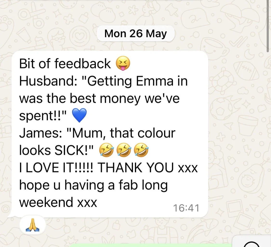 WhatsApp chat message discussing feedback on getting Emma, with emojis, and mentioning a color in a humorous context.