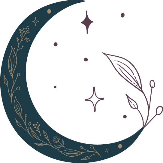 Illustration of a crescent moon decorated with botanical elements and stars against a dark background.