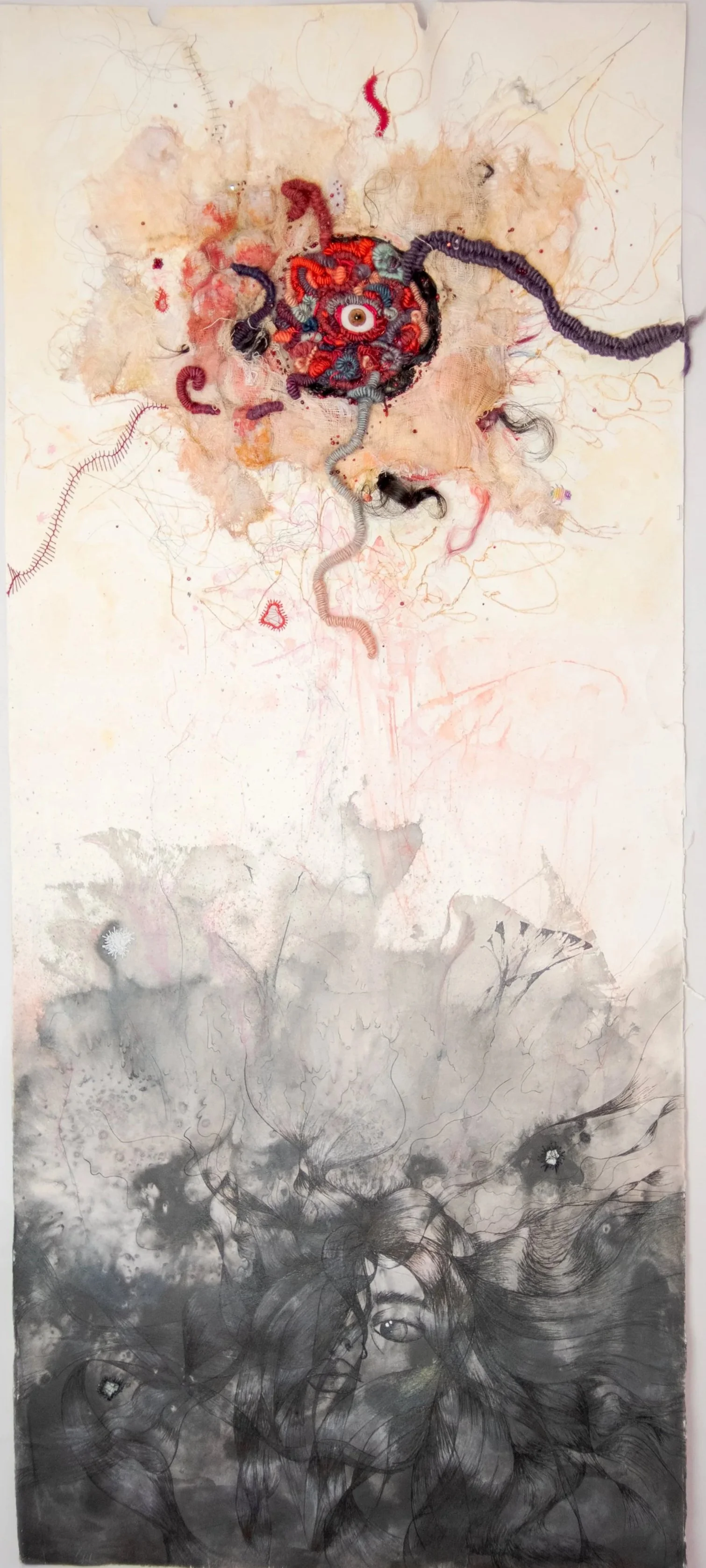 AJNA I — RESISTANCE
2020
Mixed media (glass eye, crystals, hair, salt, ink, embroidery) on paper
115.5 x 50cm