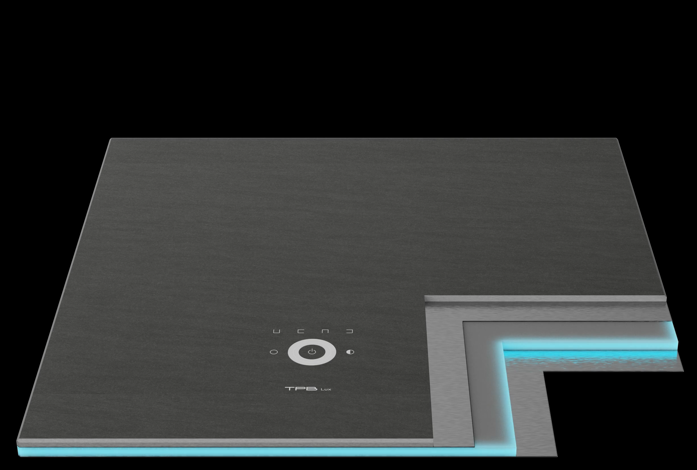 Ein moderner Bratapfurn mit Touch-Control-Panel, silbergrau mit blauer Beleuchtung an der Seite, auf schwarzem Hintergrund.