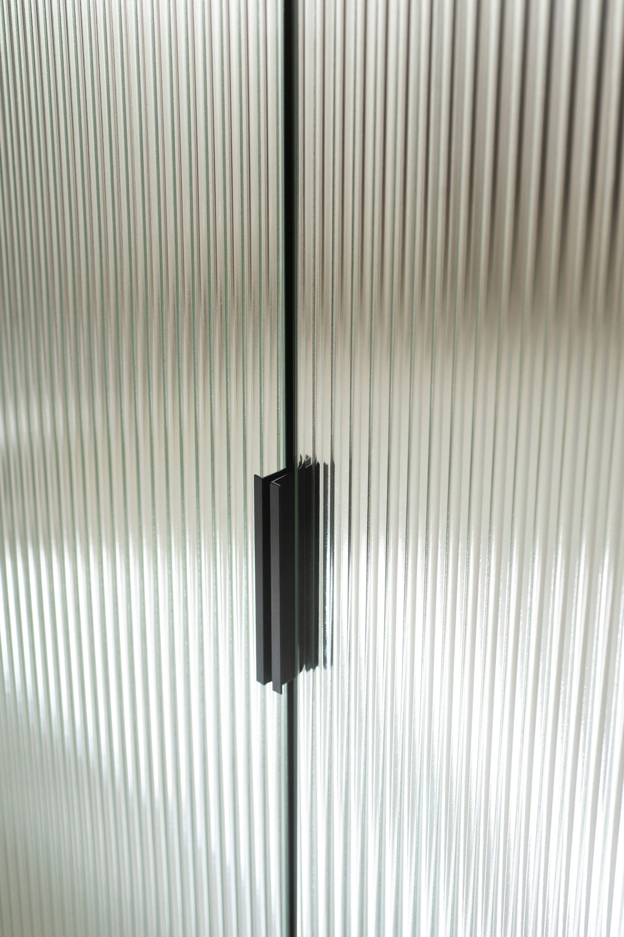 Bodenebene Glas-Tür mit schwarzem Griff, hinter einem transparenten, gerippten Glas-Absperrung