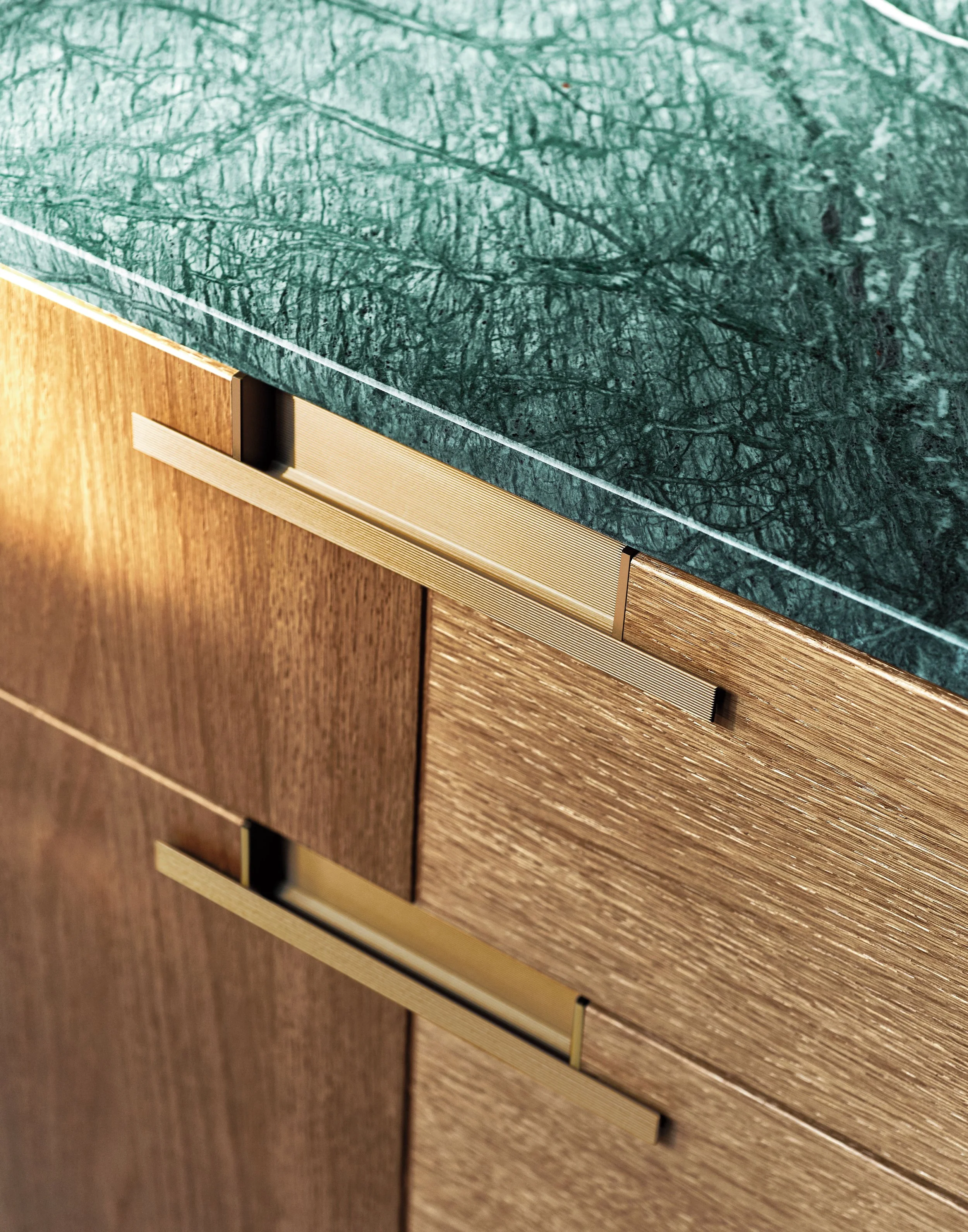 Detailaufnahme einer Holz- und Marmor-Oberfläche mit Schubladen und Metallgriff in einem Innenraum.