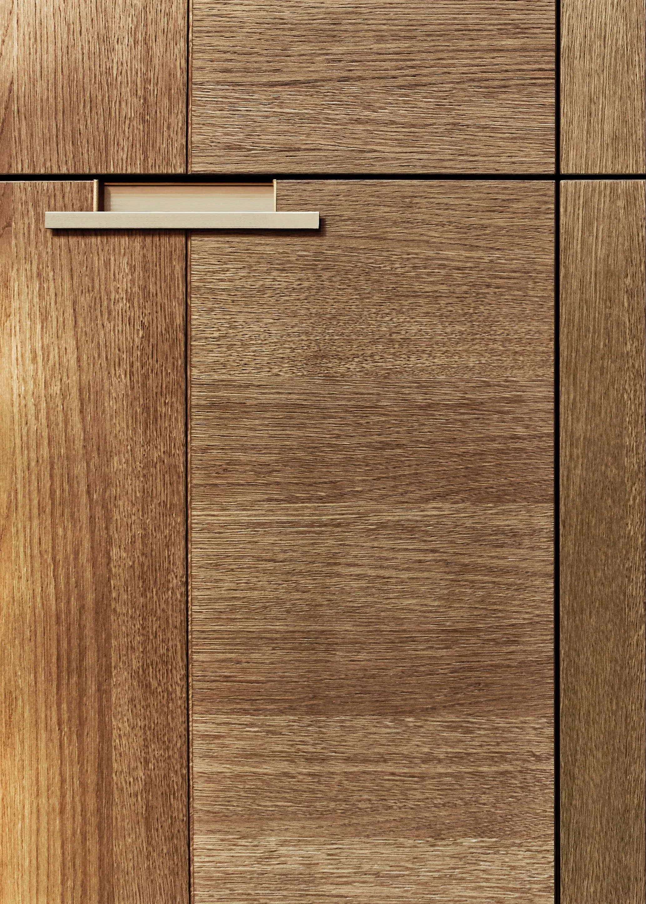 Holztür mit horizontalen Lamellen, Griff in der Mitte, aus Holz gefertigt mit sichtbarer Maserung.