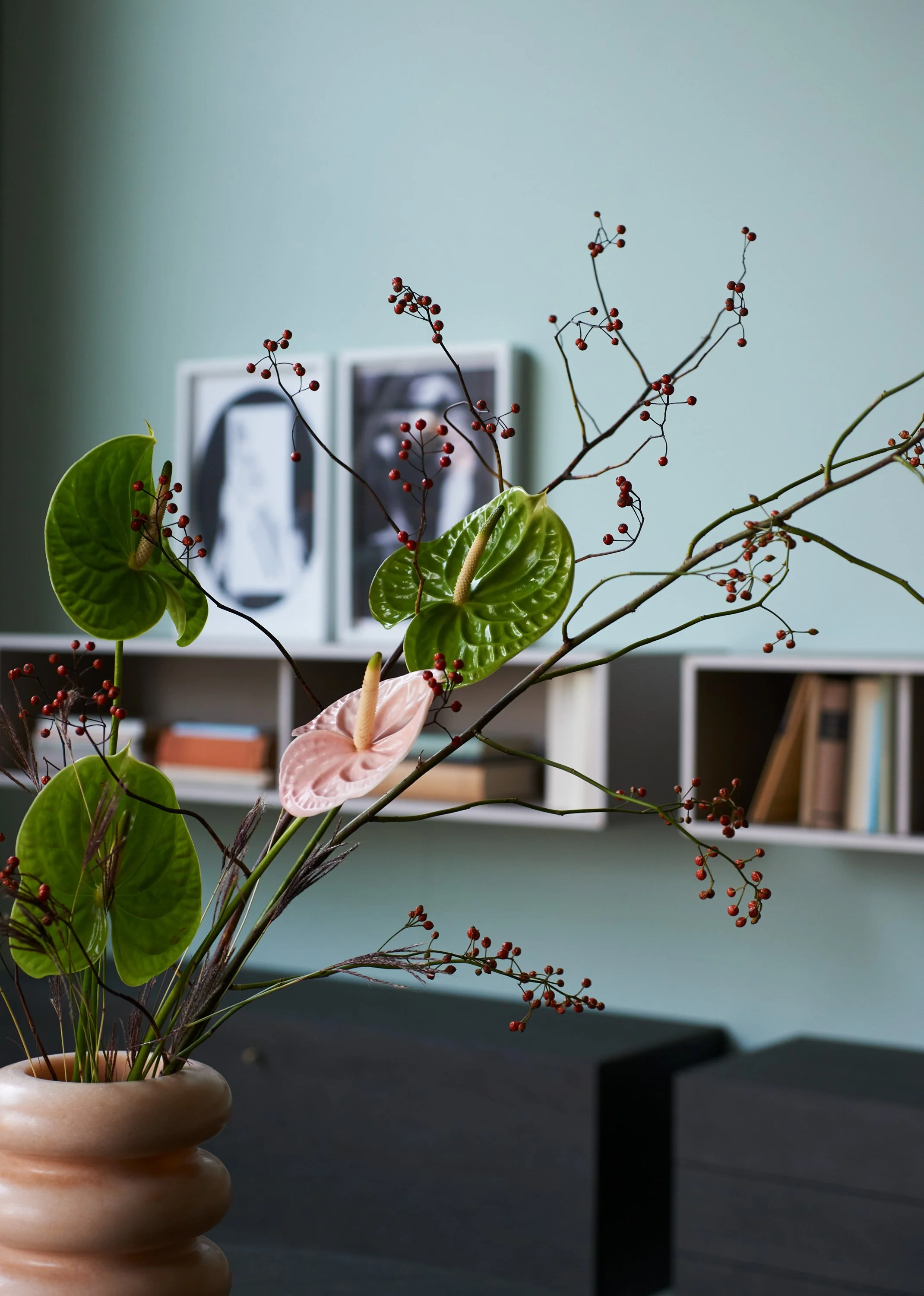 Ein Topf mit grünen Pflanzen und roten Beeren auf einem schwarzen Tisch, im Hintergrund braune Bücherregale an einer hellblauen Wand.