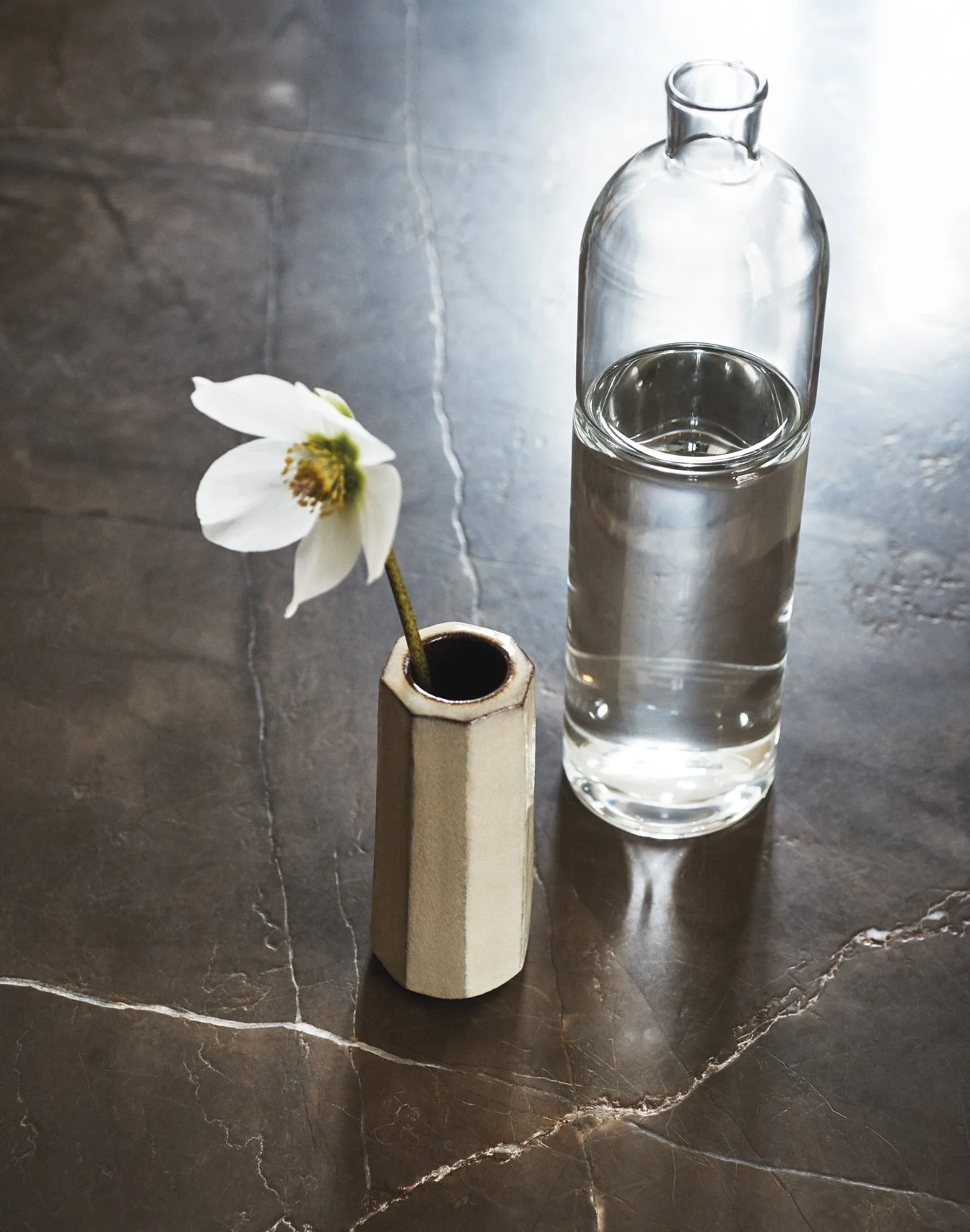 Eine weiße Blume in einem kleinen Keramikvase, ein hohes Glas mit Wasser, eine leere Glasflasche auf einem dunklen Steinboden.