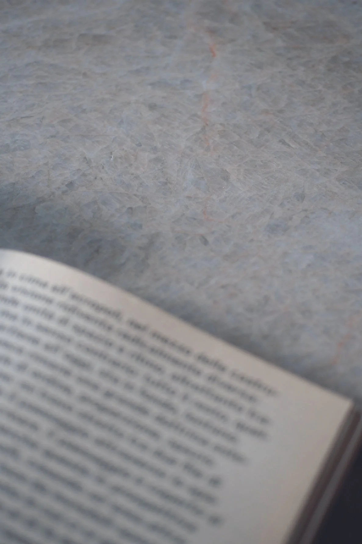Nahaufnahme eines Bücherrückens mit durchgehendem Text, der auf eine graue Oberfläche zeigt.