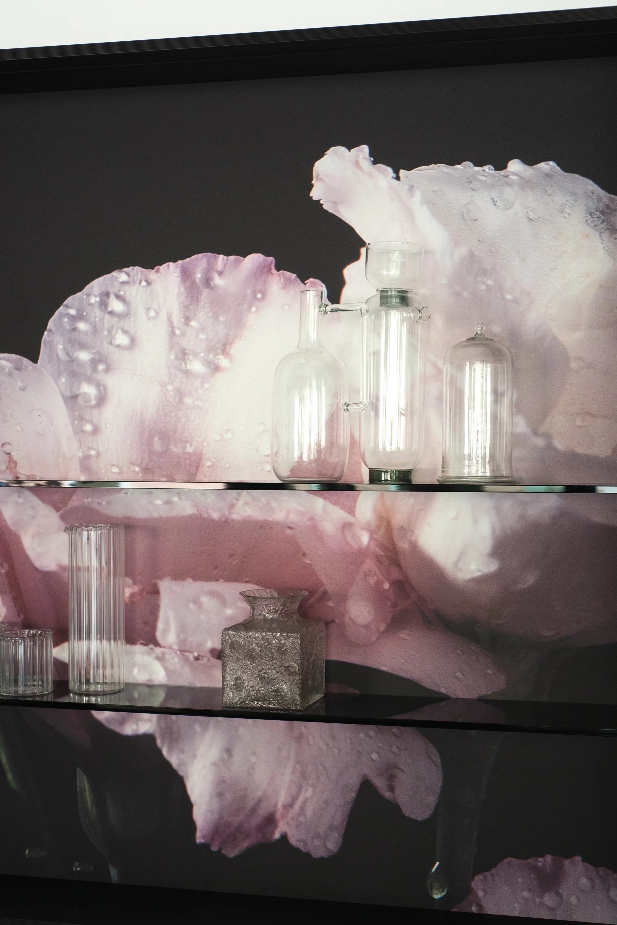 Bilder von transparenten Glasflaschen, die auf einer Oberfläche stehen, vor einer Hintergrundprojektion von rosa, weißen und beigen Blütenblättern.