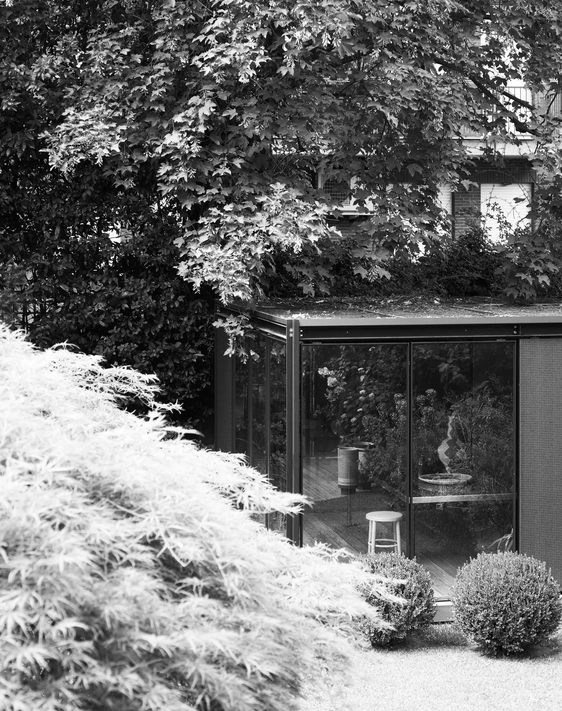 Ein Garten mit einem großen Baum, einer modernen Glashütte im Hintergrund, einem kleinen Balkon mit Gartenmöbeln und einem Springbrunnen im Vordergrund.