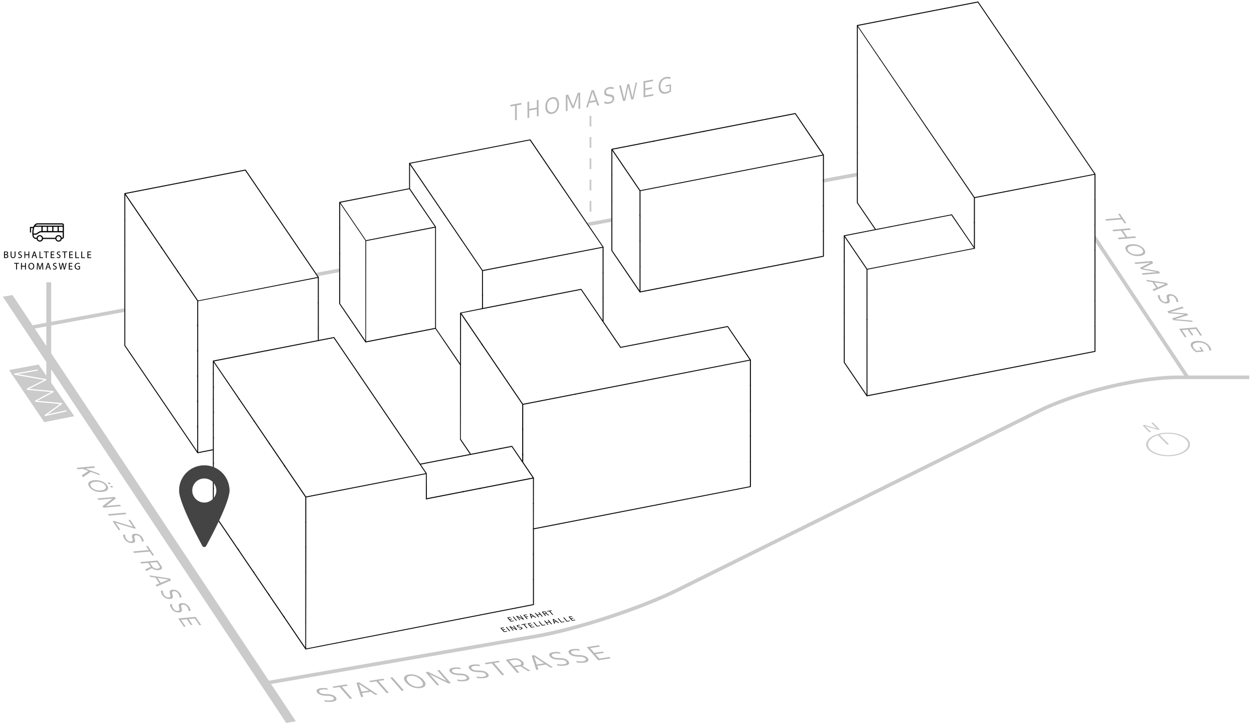 Schwarz-Weiß-Stadtplan mit Gebäuden, Straßen und Bushaltestelle auf der Thomasweg in einer deutschen Stadt.