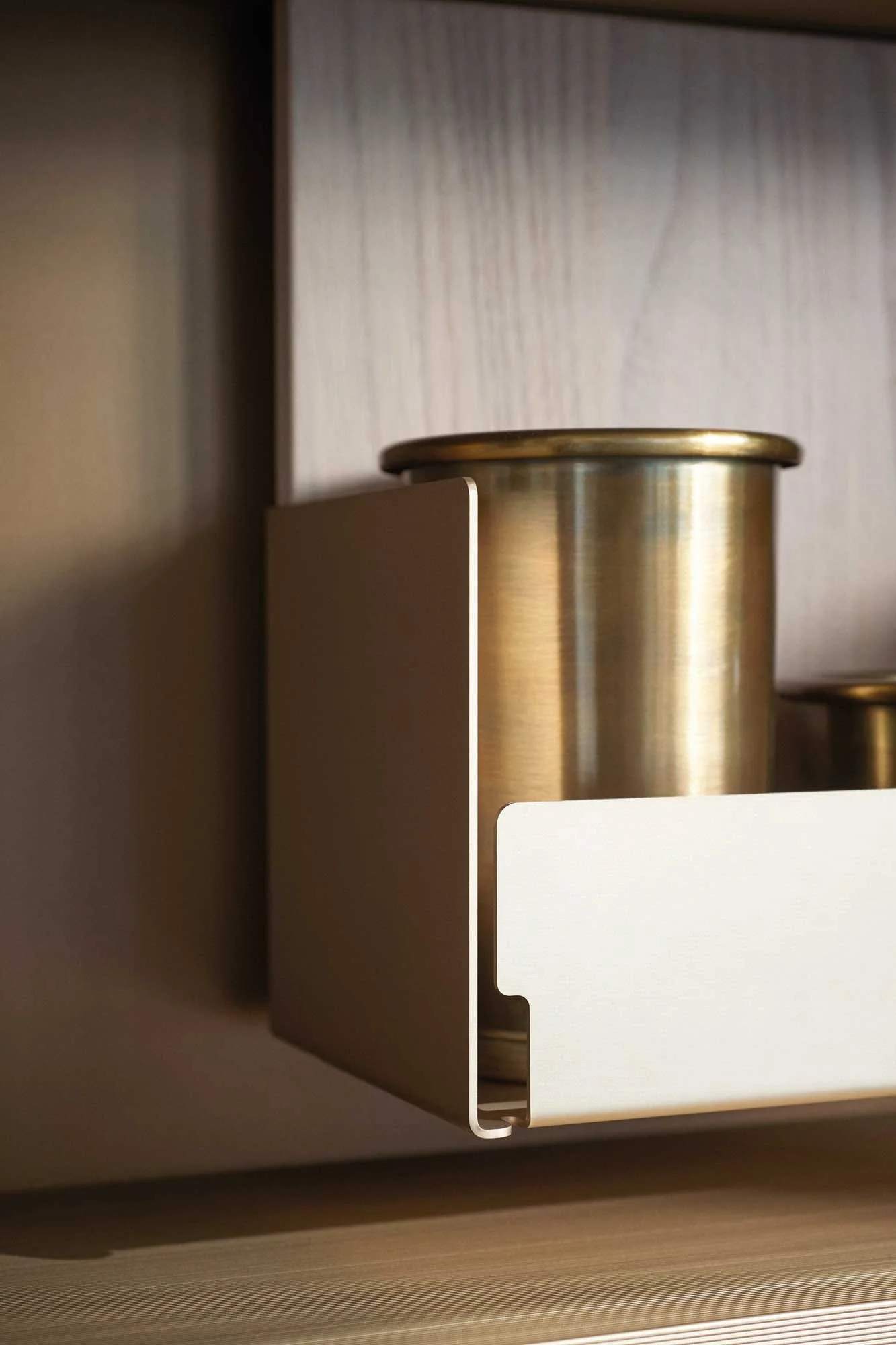 Ein Blick in einen Schrank mit einer goldfarbenen Dose und einer weißen Box, beide sind sichtbar zwischen Regalwänden.