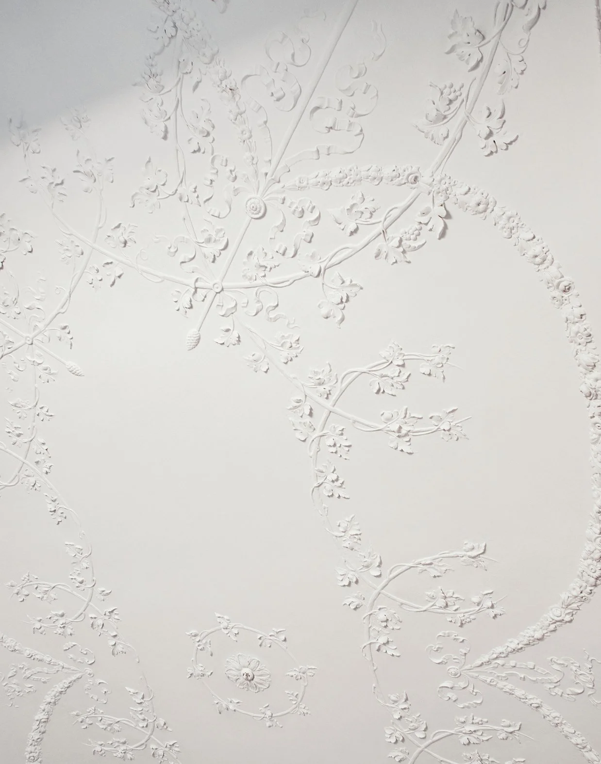 Weiße, 3D-ungeformte Wand mit floralem und botanischem Muster