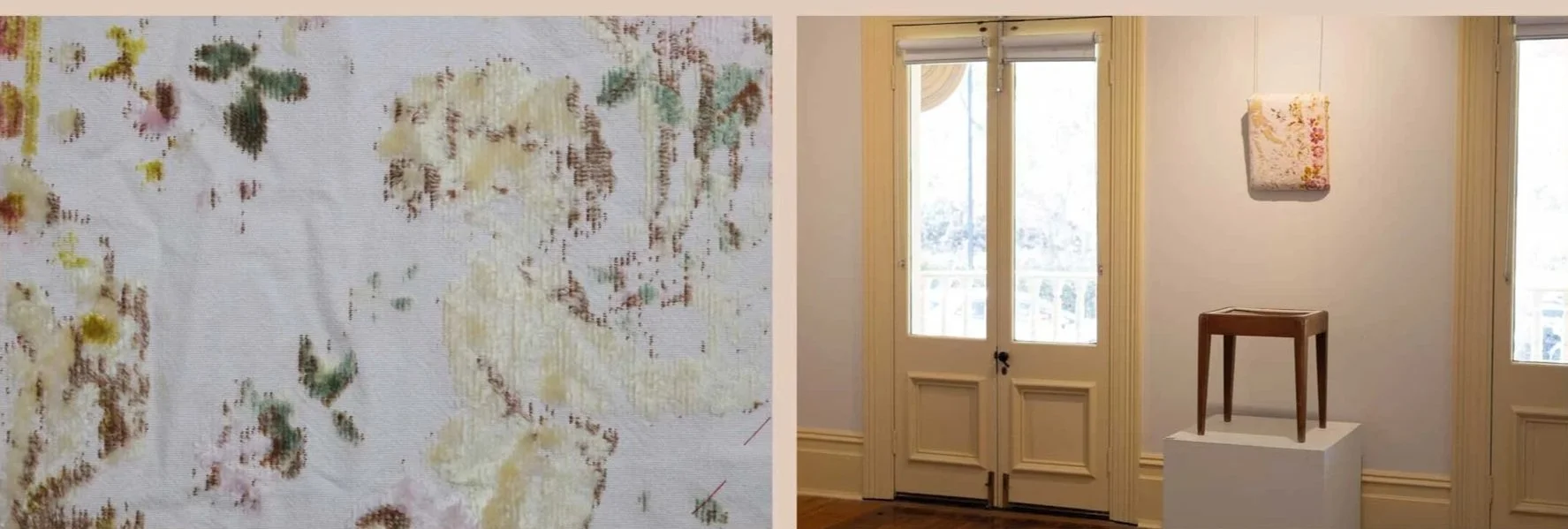 Detail of putti on bed cover and installation view of deconstructed vintage furniture