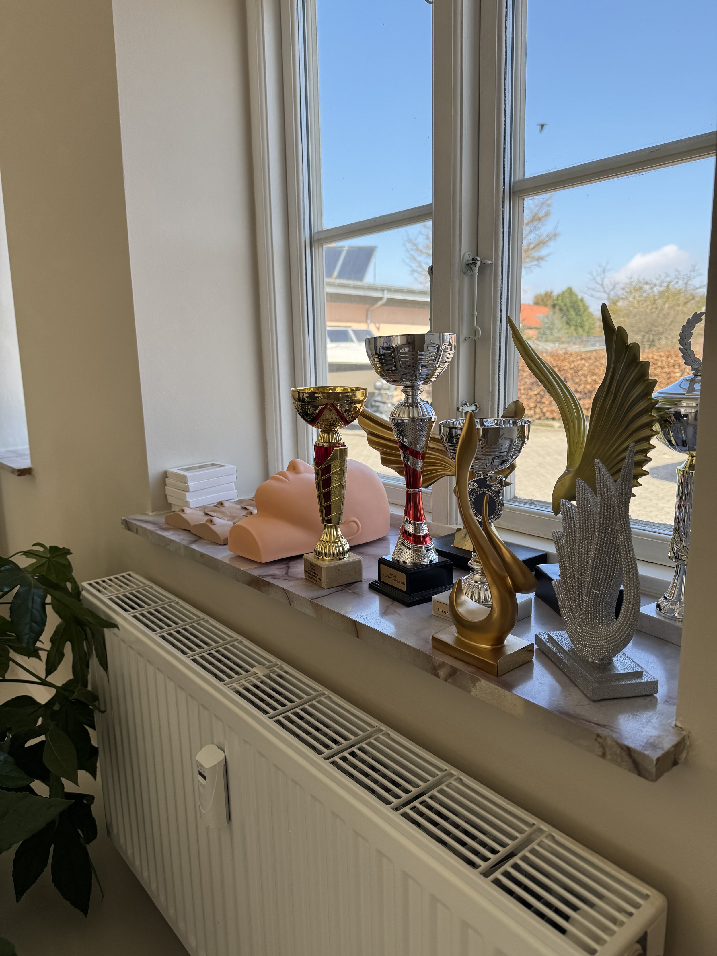 A windowsill with several trophies, a plaster bust, and a glass megaphone, overlooking a blue sky and green trees outside.