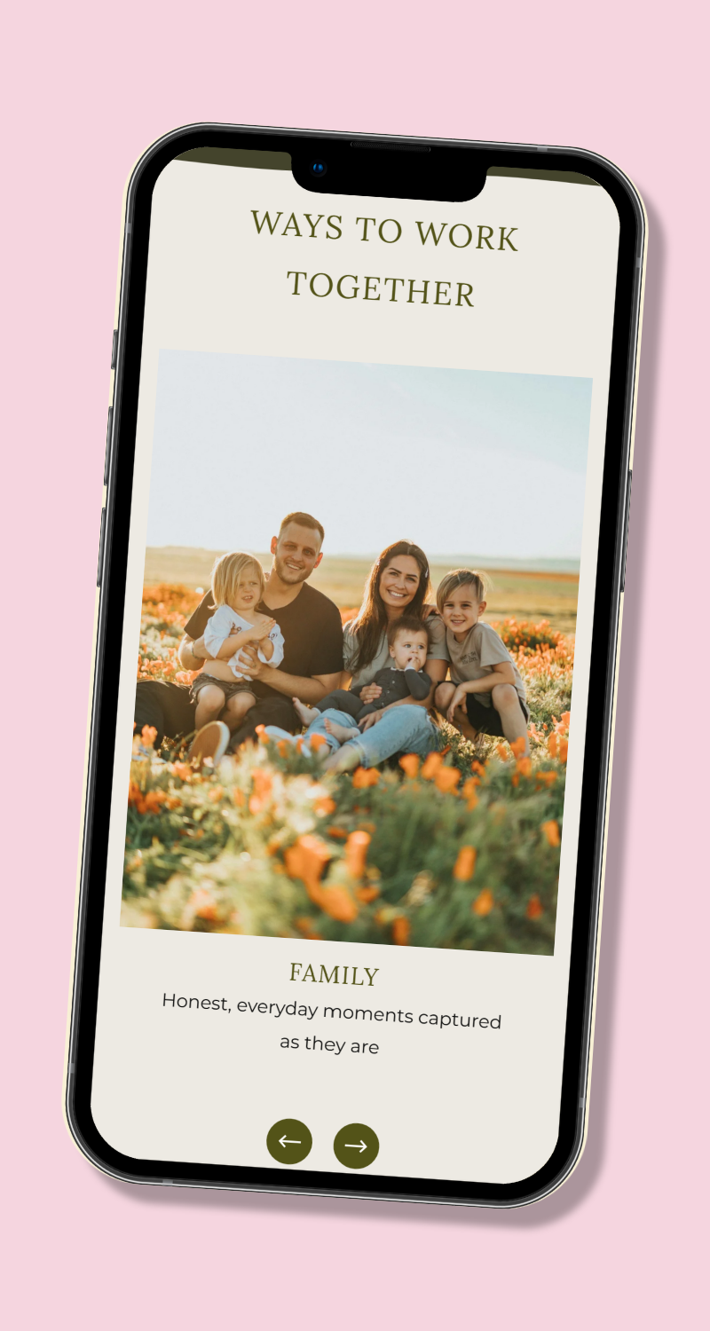 obile view of Olivia Bennett website family photography section