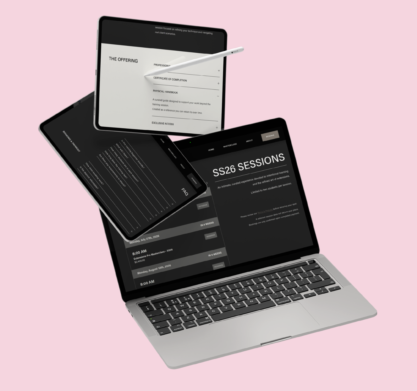 layology Pro pages and Acuity booking system design shown across tablet and laptop