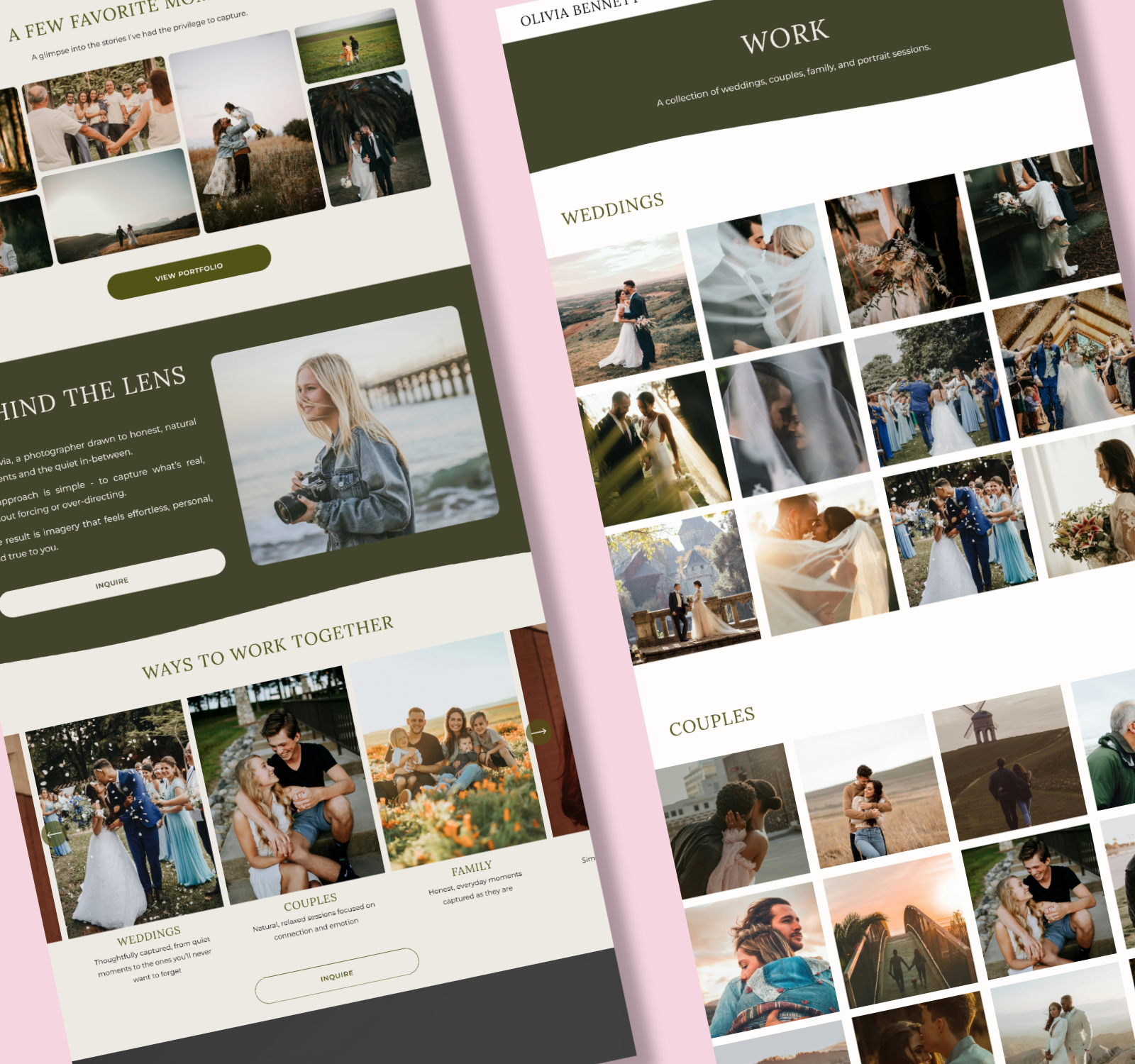 Olivia Bennett website design, full desktop page screenshots showing "behind the lens" and wedding/couples galleries