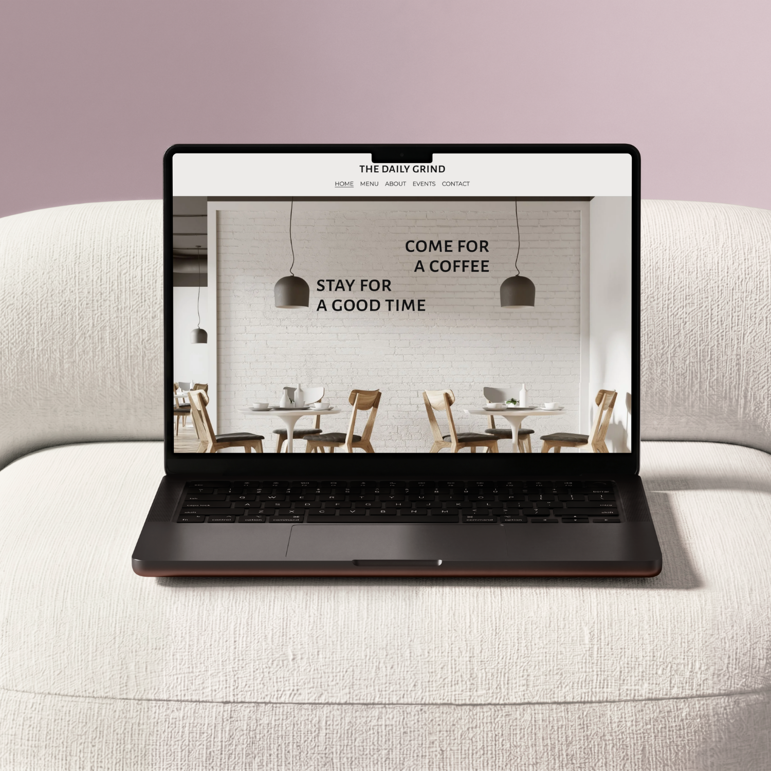 The Daily Grind website homepage on laptop, showing "come for a coffee, stay for a good time" hero section