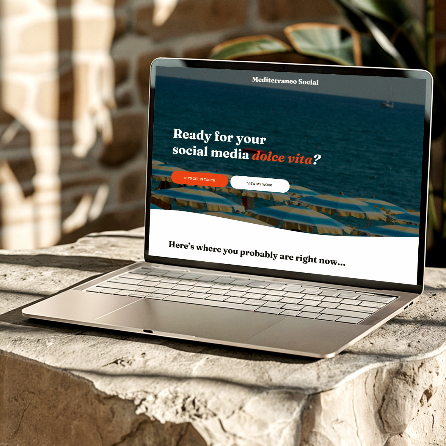 Mediterraneo Social website homepage on laptop, hero section reading "Ready for your social media dolce vita"