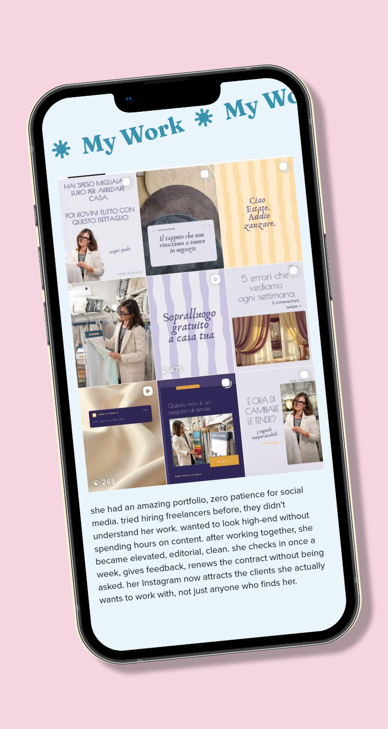 Mobile view of Mediterraneo Social portfolio grid, showcasing past content work