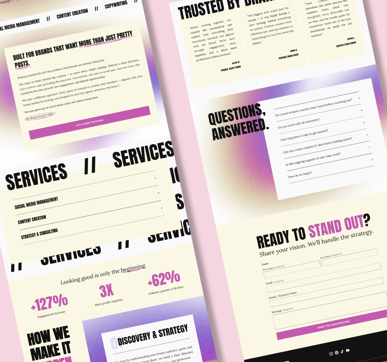The Social Studio website design, full desktop page screenshots showing services and FAQ sections