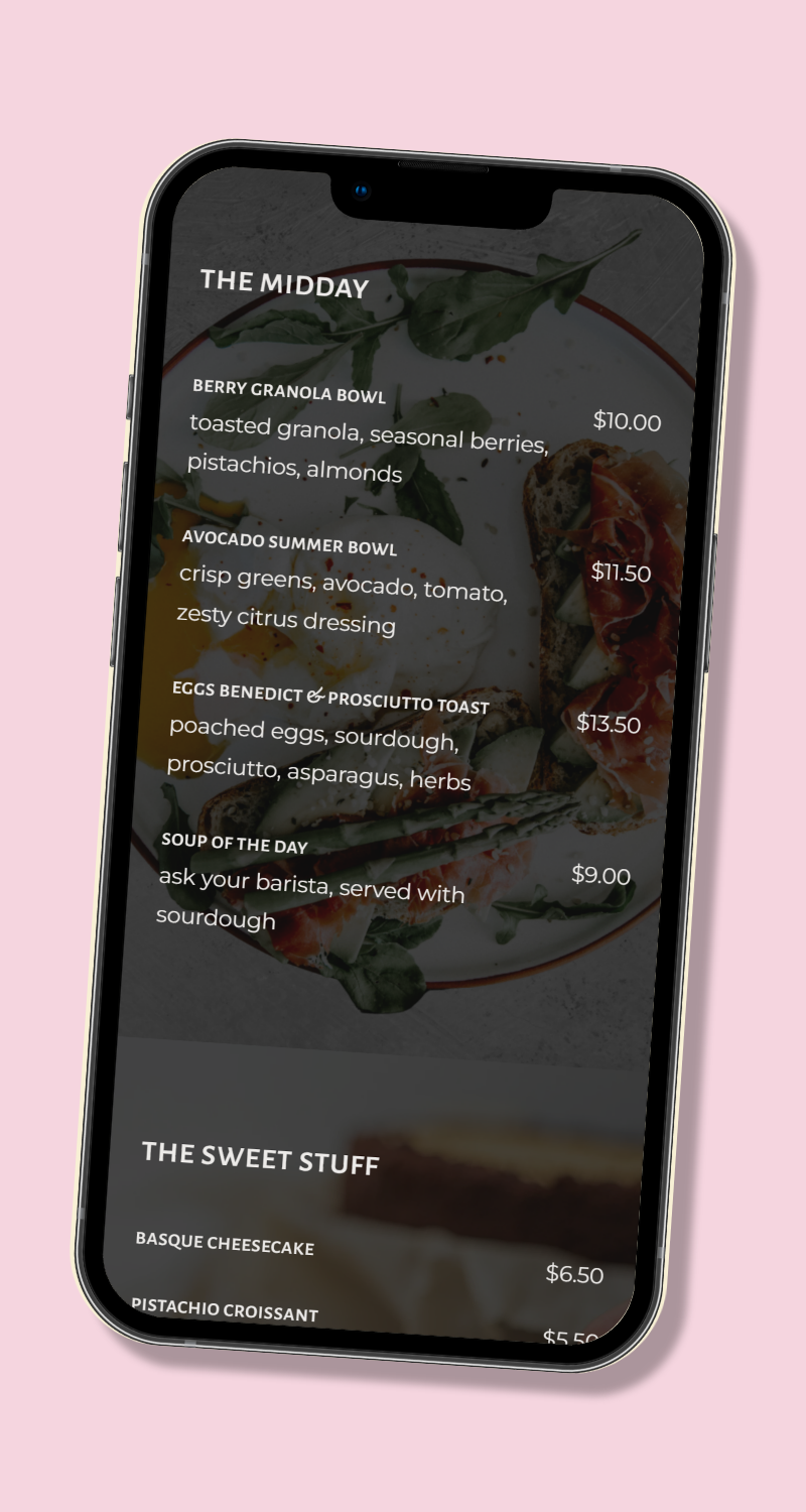 Mobile view of The Daily Grind website menu page