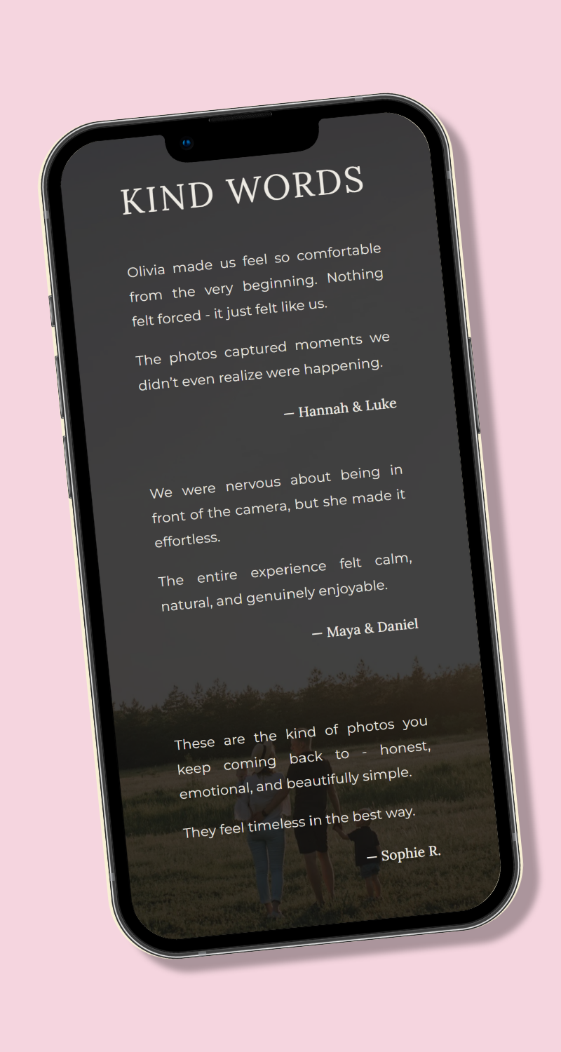 Mobile view of Olivia Bennett website testimonials page with client reviews