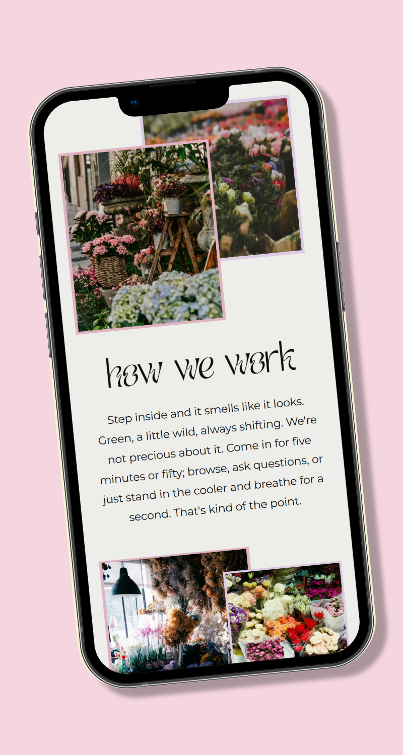 Mobile view of Wild Stem Co. website "how we work" section