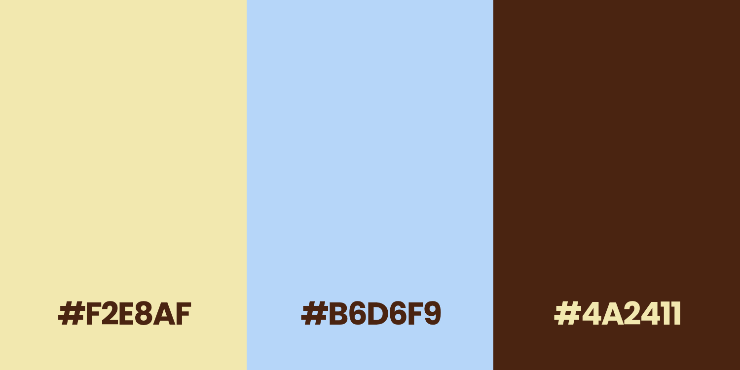 Color palette with butter yellow, sky blue, and chocolate brown swatches, hex codes F2E8AF, B6D6F9, and 4A2411