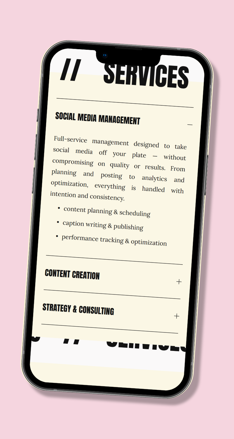 Mobile view of The Social Studio website services section