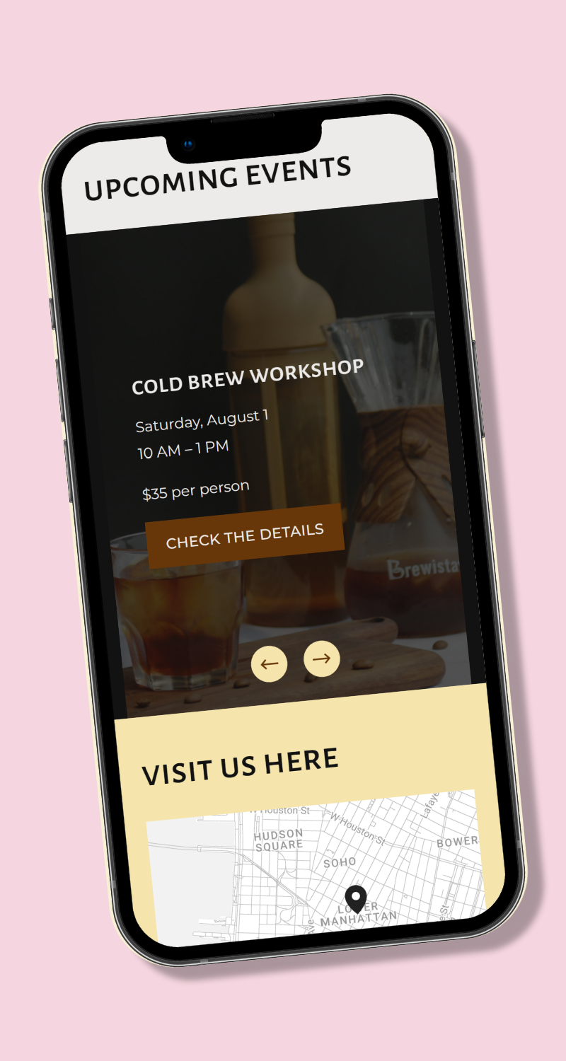 The Daily Grind website design, full desktop page screenshots showing menu and about/team sections