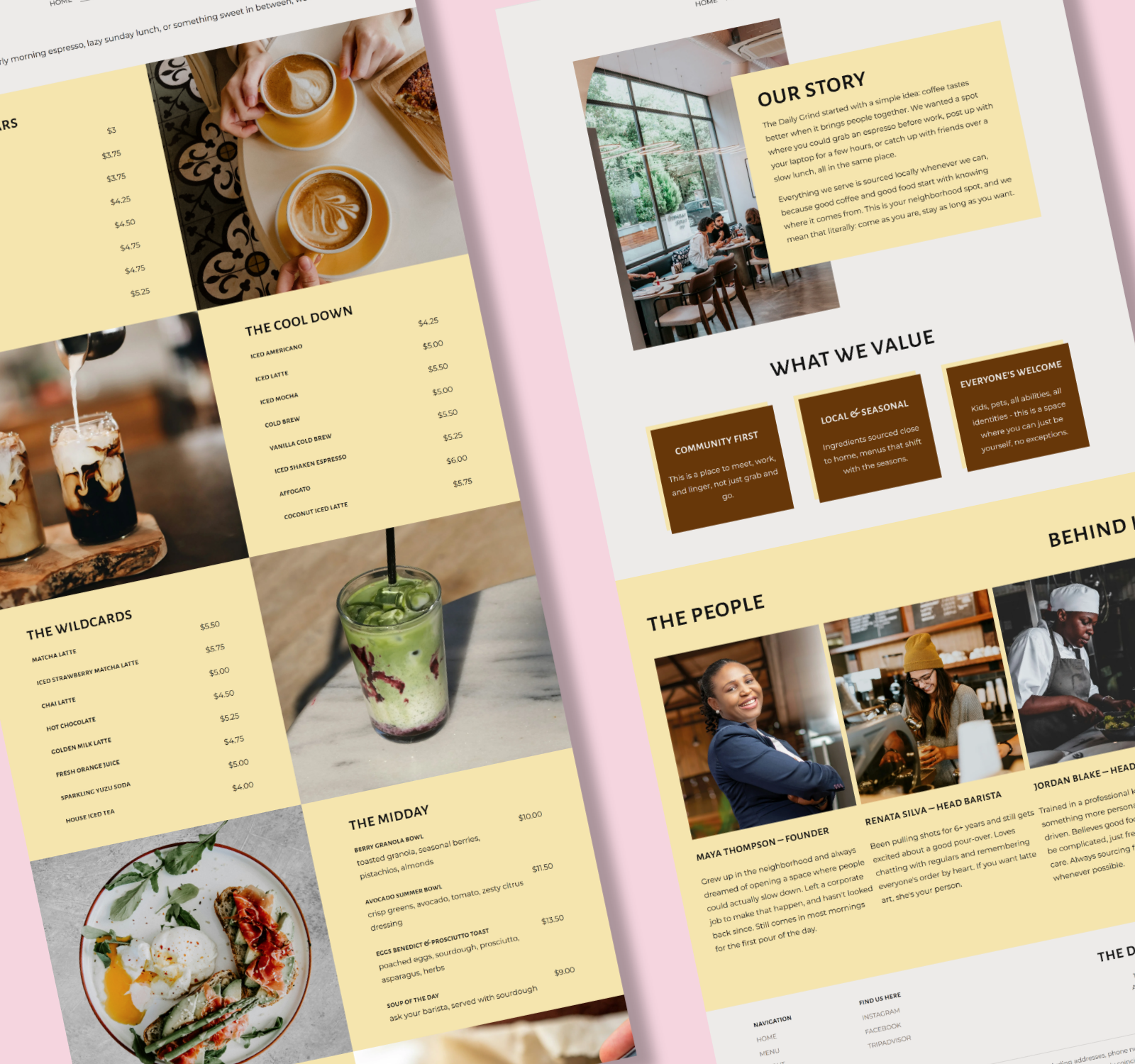 The Daily Grind website design, full desktop page screenshots showing menu and about/team sections
