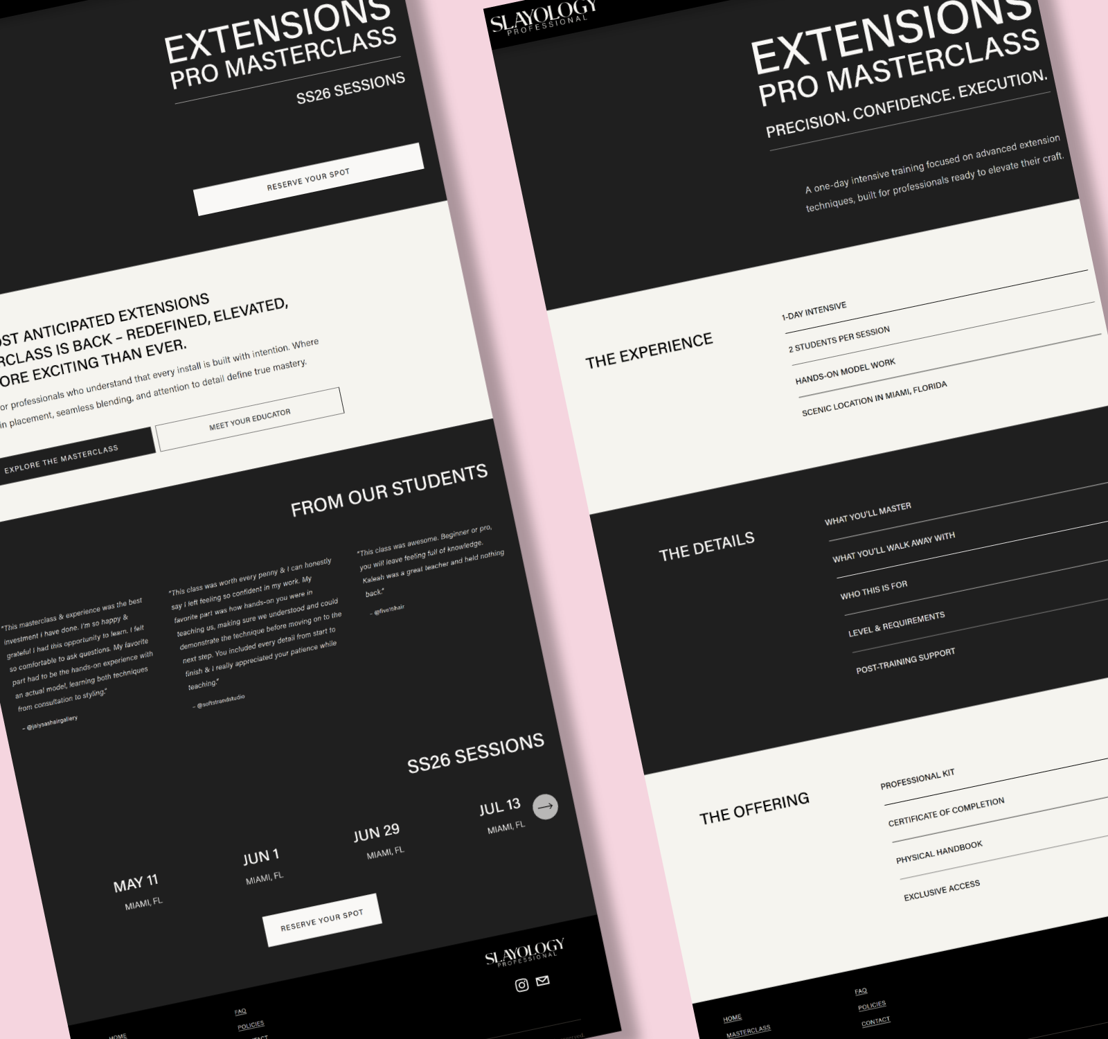 Slayology Pro website design, full desktop page screenshots showing masterclass details, session experience, and offering breakdown