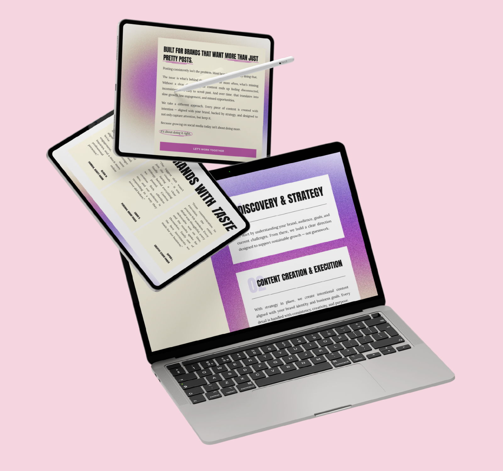 The Social Studio website design shown across tablet and laptop, featuring various sections