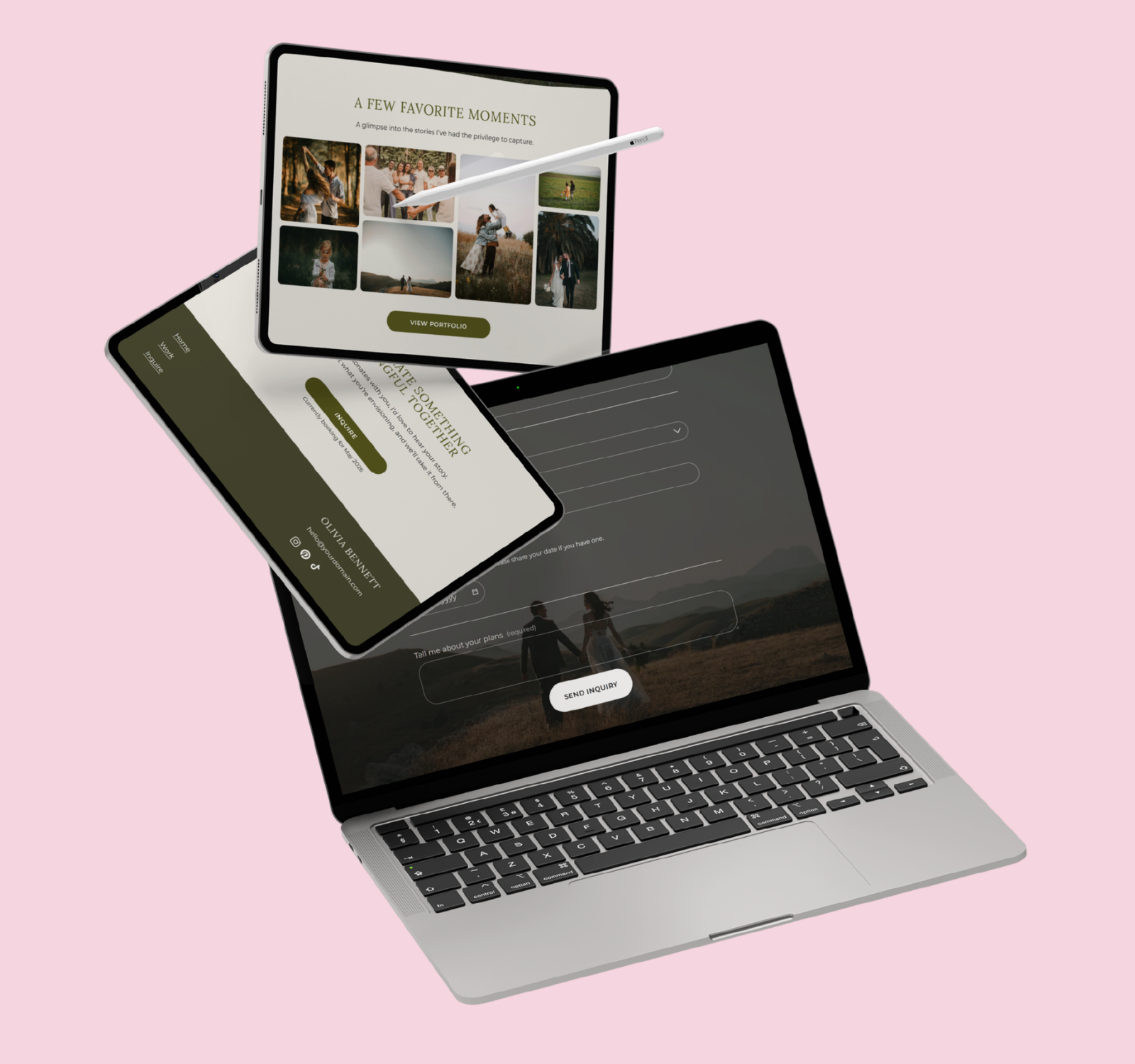 Olivia Bennett website design shown across tablet and laptop, featuring various pages