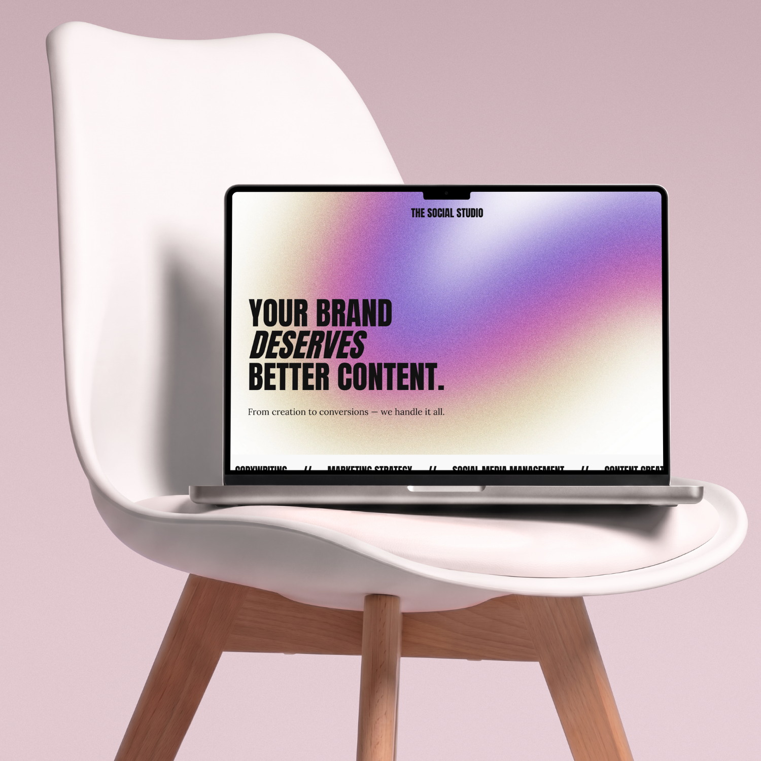 The Social Studio website homepage on laptop, showing "your brand deserves better content" hero section