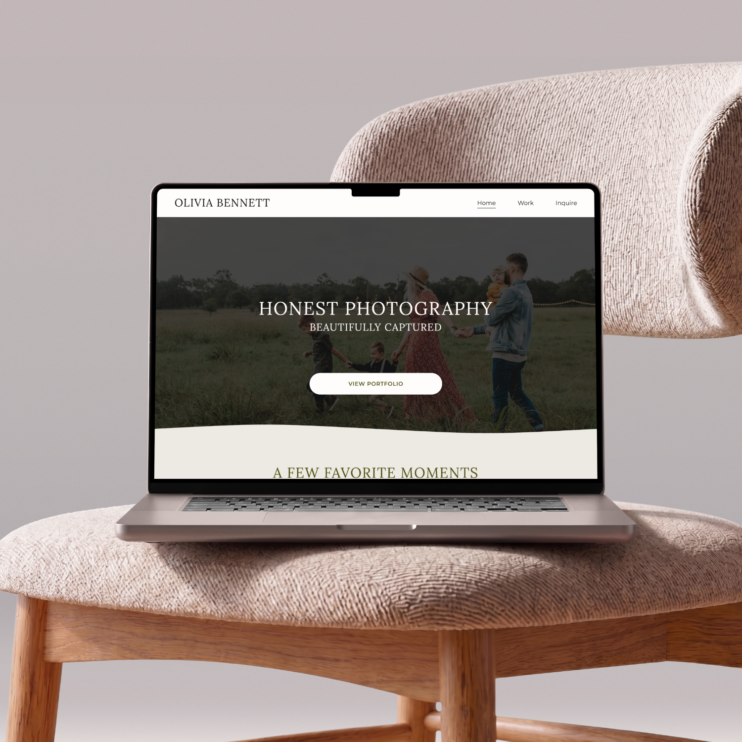 Olivia Bennett website homepage on laptop, showing "honest photography, beautifully captured" hero section