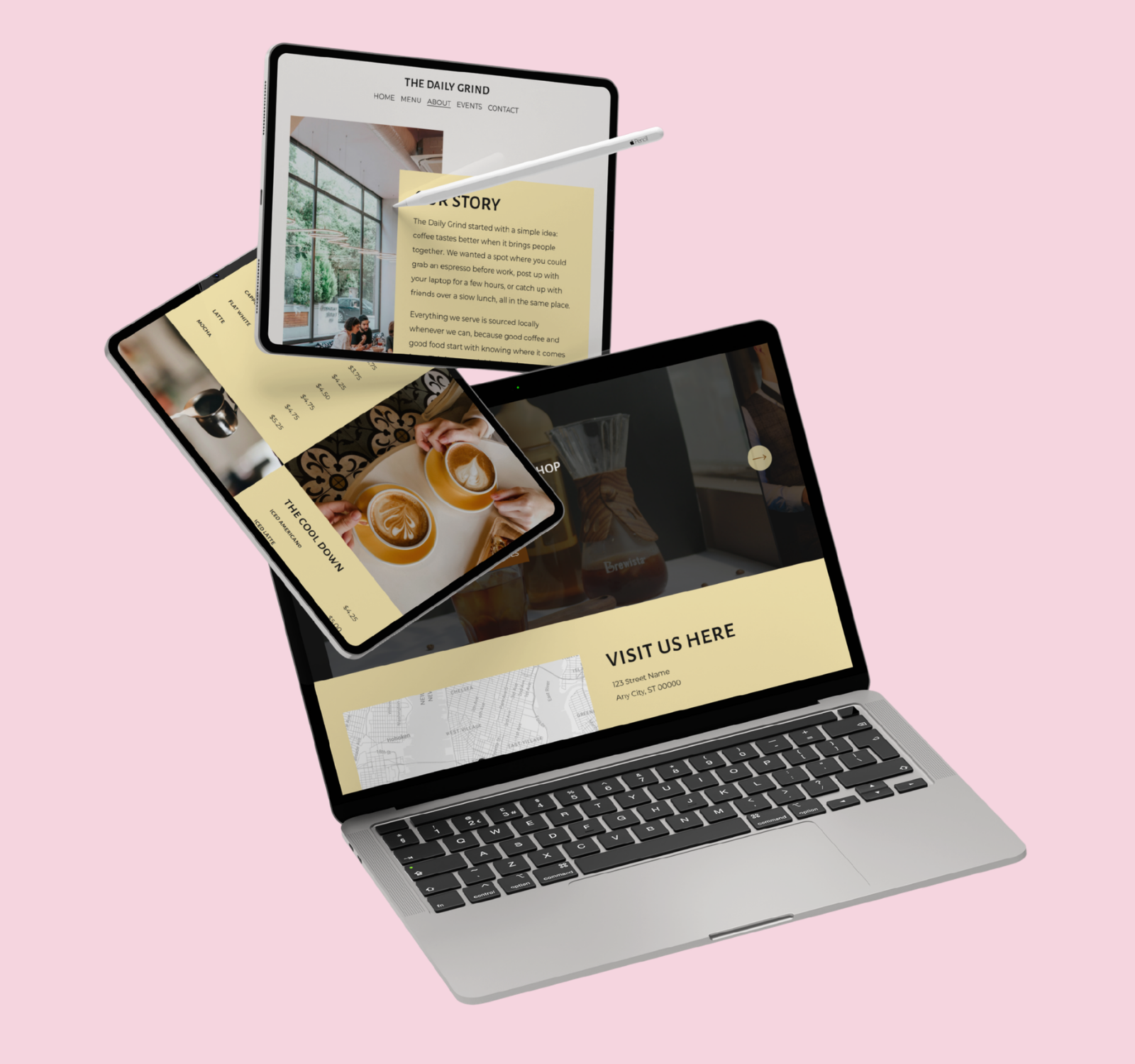 The Daily Grind website design shown across tablet and laptop, featuring various pages