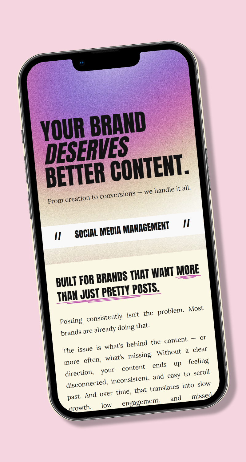 Mobile view of The Social Studio website hero section and services list