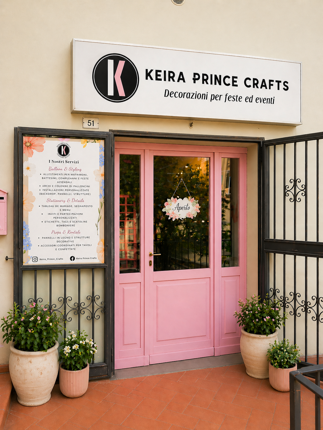 Ingresso negozio di allestimenti eventi a Loiano Bologna con porta rosa e decorazioni floreali