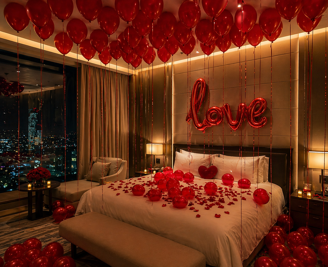 Allestimento romantico per San Valentino a Bologna e provincia con palloncini rossi, petali e scritta luminosa love.