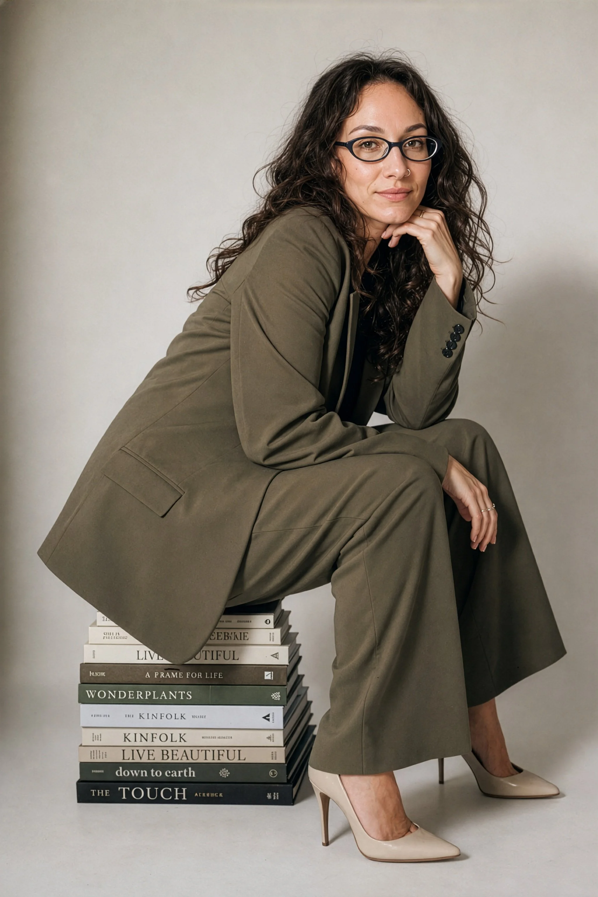 A woman with curly dark hair wearing glasses, a nose ring, and a suit, sitting on a stack of books, with one leg crossed over the other, wearing beige heels, against a plain background.