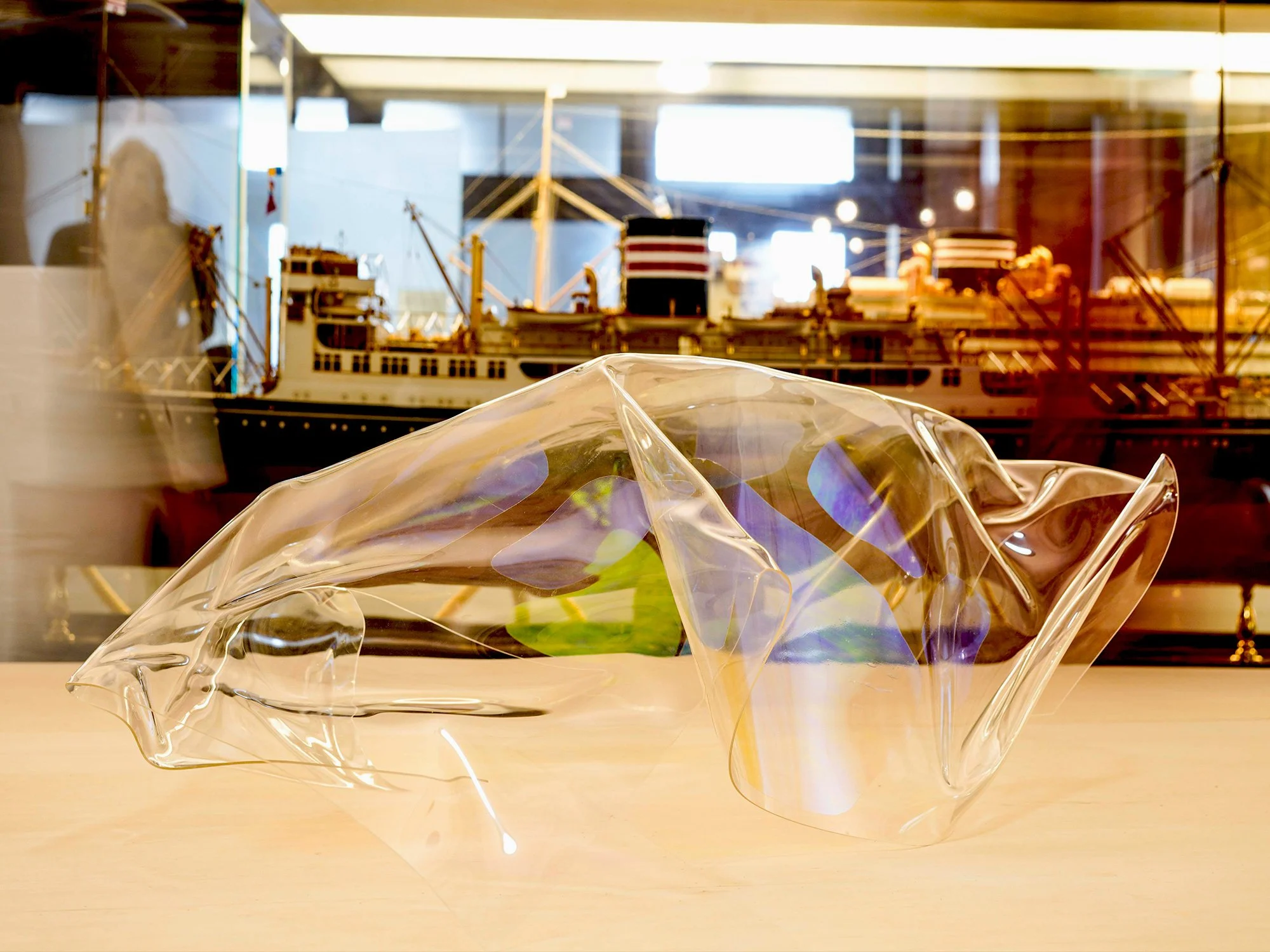 A model of the Titanic ship displayed behind a transparent plastic bag with some greenery inside on a wooden table.