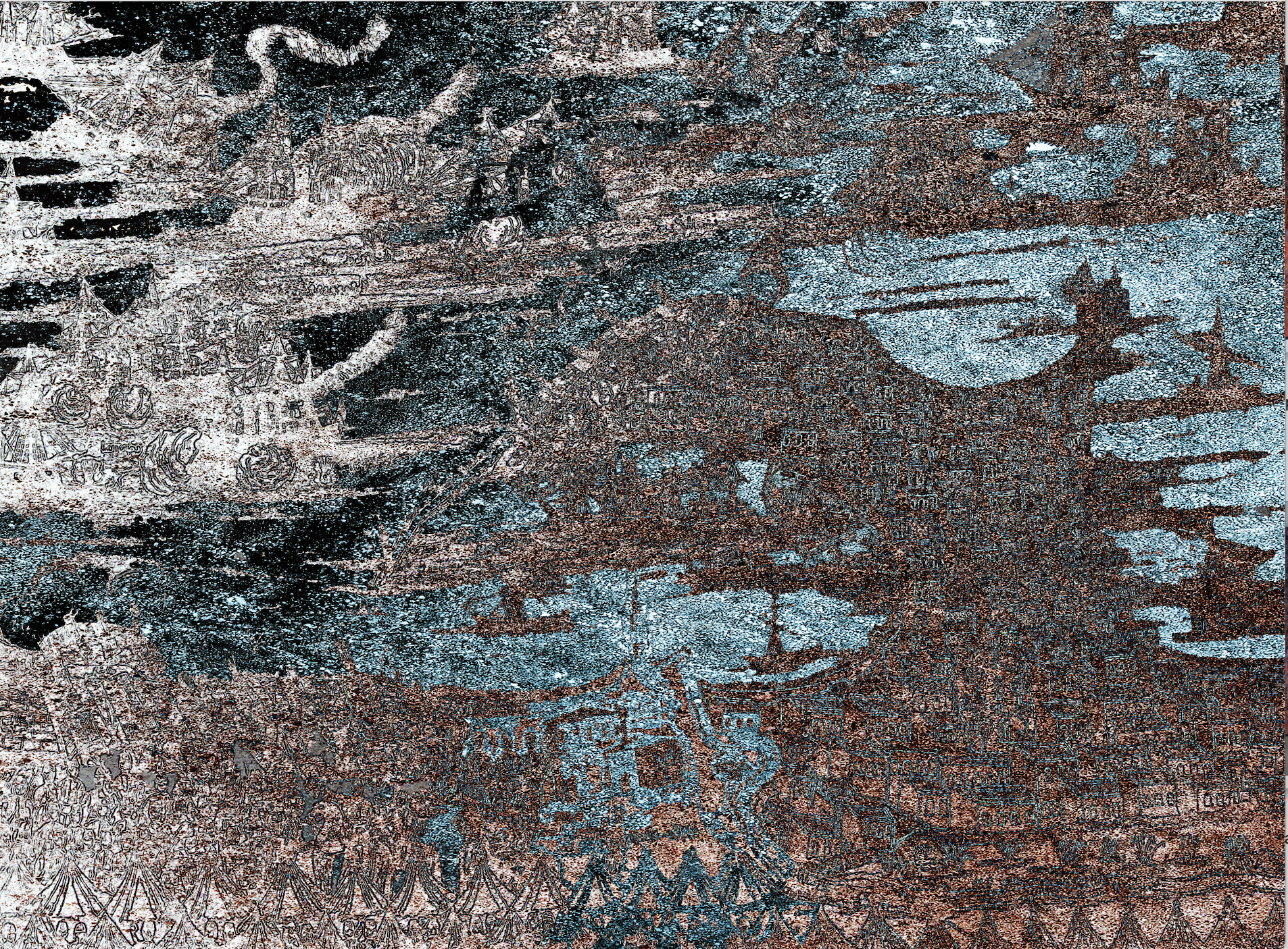 A highly detailed, intricate vintage map showing various landscapes, buildings, and topographical features in a historic artistic style.