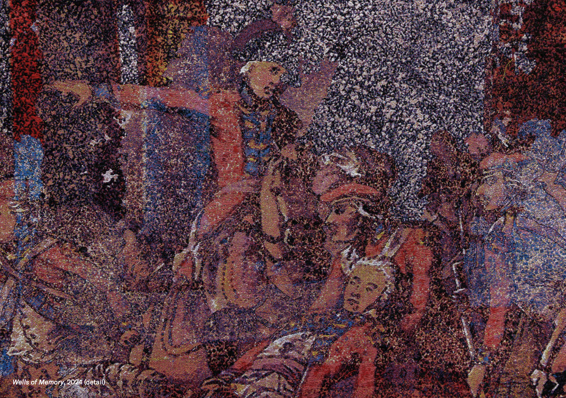 A detailed abstract art piece titled 'Wells of Memory, 2024' featuring intense colors, fluid lines, and intricate patterns.