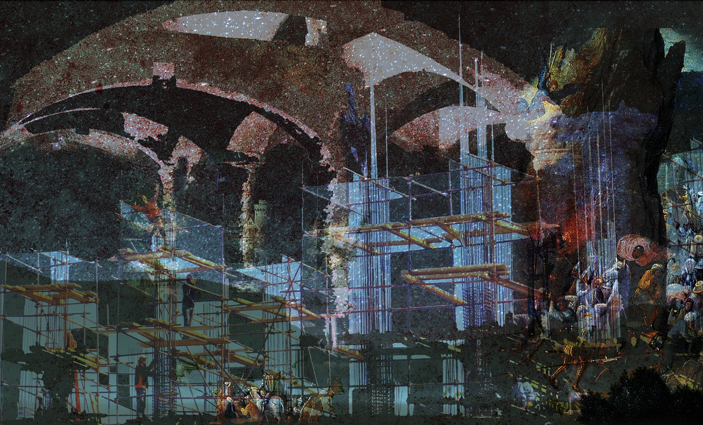 A digital artwork showing a large construction site with scaffolding and workers, overlaid with abstract starry textures and cosmic elements.