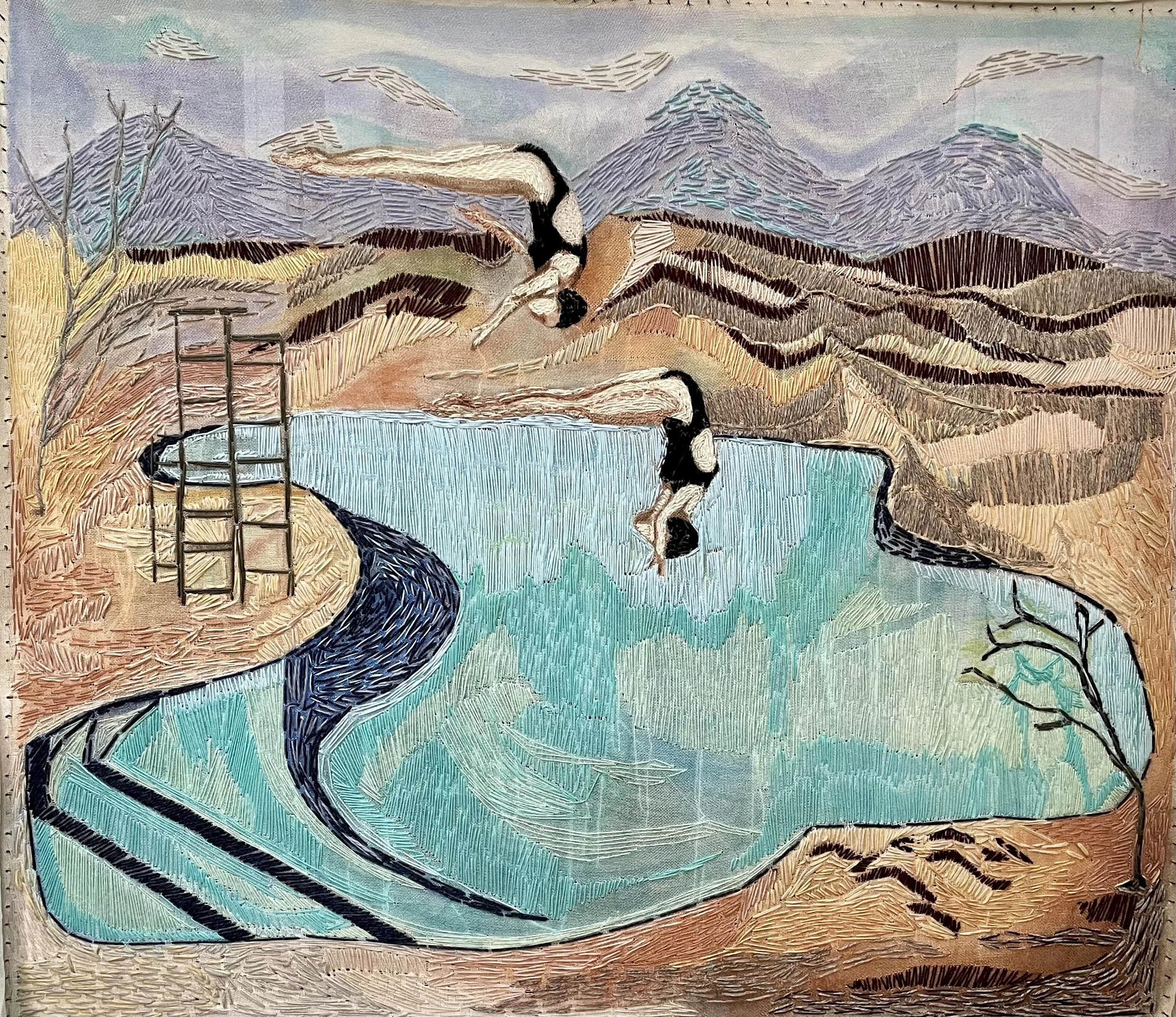 Embroidery of a mountain landscape with a lake, trees, and two birds, featuring a swimmer in the water.