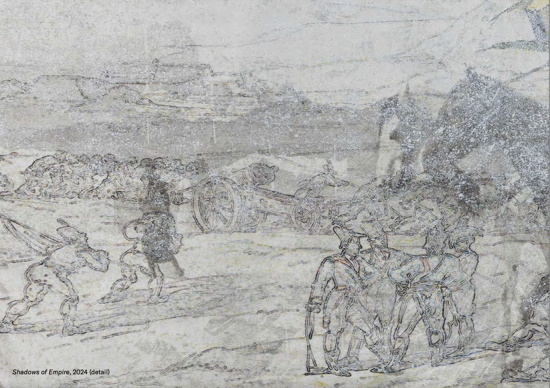 A detailed sketch titled 'Shadows of Empire', 2024, showing a scene with soldiers on horseback, some with weapons, possibly in a historical or fantasy setting, with trees and foliage in the background.
