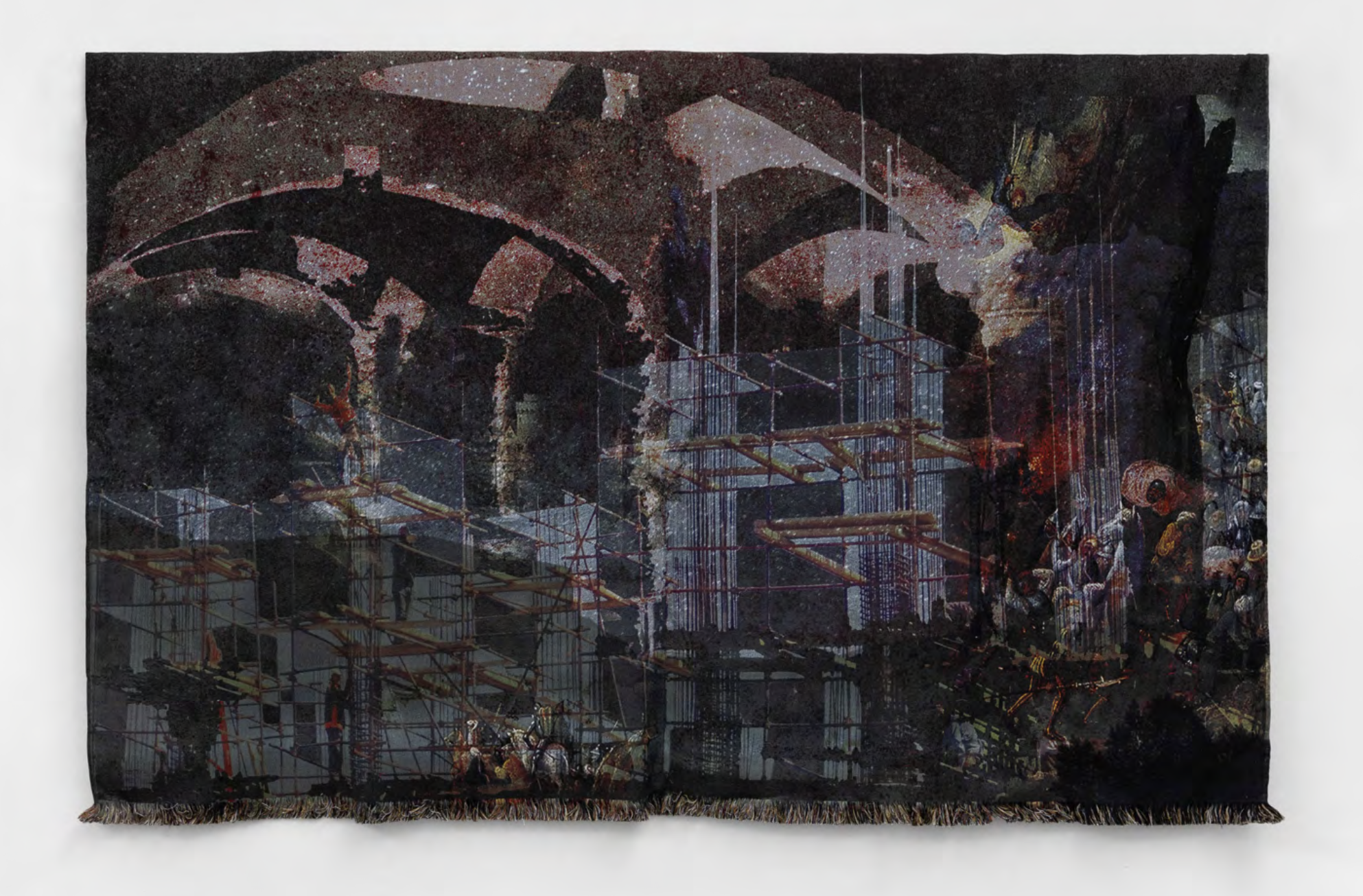 Apocalyptic landscape painting with arches, scaffolding, and dark stormy clouds, featuring scattered people.